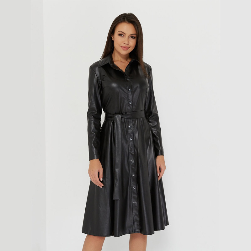 Ladies Long Sleeve Lapel Collar PU Leather Skirt A-line Button Belt Dress shopper-ever.myshopify.com