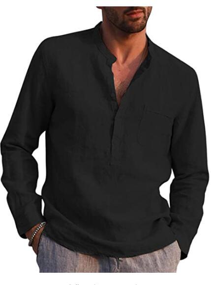 Men's Long Sleeved V Neck Casual Beach Linen Shirt For Men