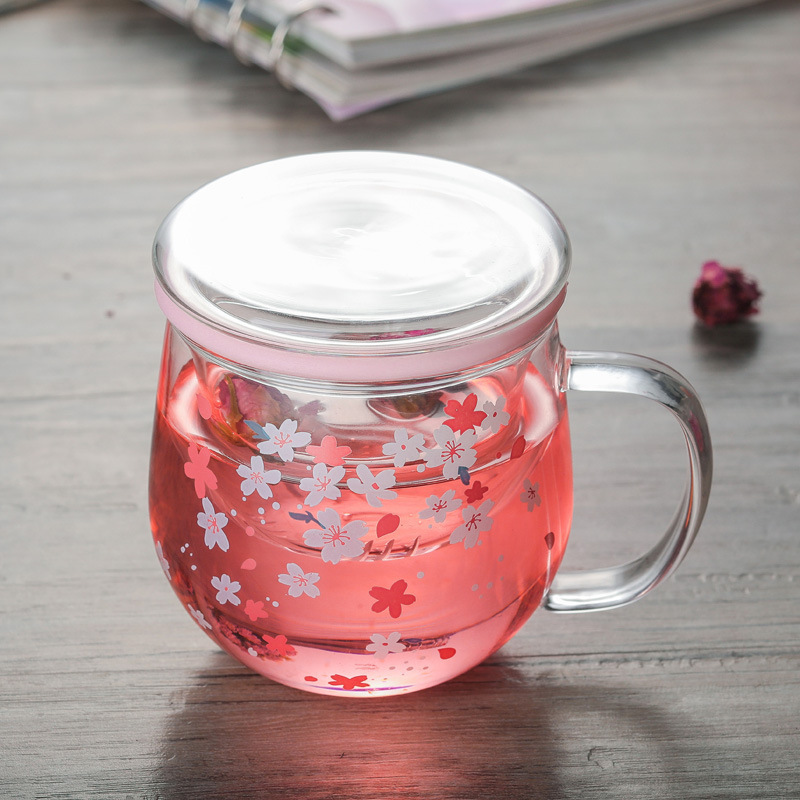 Cherry blossom glass infuser mug with lid