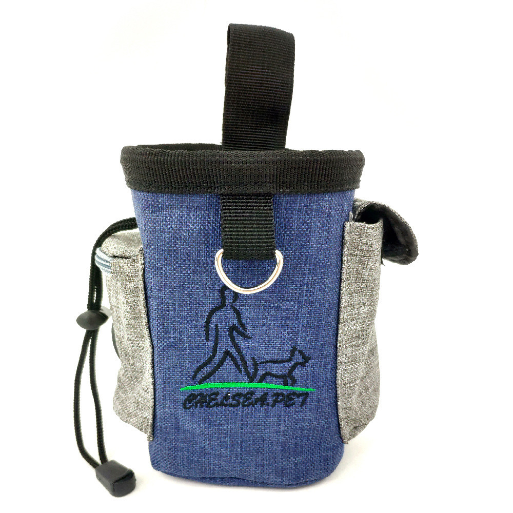 Always be prepared while on walks or on-the-go with this portable dog treats pouch. It is a small and convenient accessory used to store dry dog treats while training or walking. It is made of durable, polyester material and has a secure drawstring closure. The pouch can be attached to a belt or waistband, allowing pet owners to keep their hands free while still having the treats readily available.