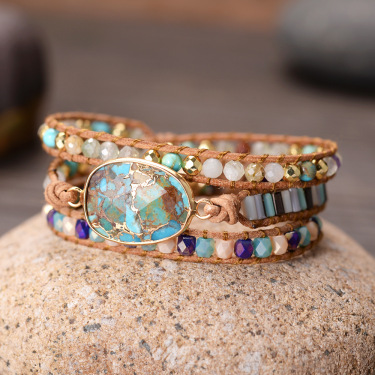 Natural Turquoise Bracelet Hand-Woven Beaded Stone Crystal Bracelet—2