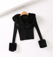 Fashionable Detachable Fur Collar Single-Breasted Short Knit Top