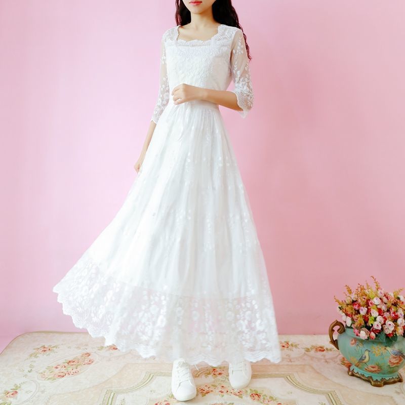 Vintage Fairy Long Skirt Super Fairy White Lace Dress - CJdropshipping