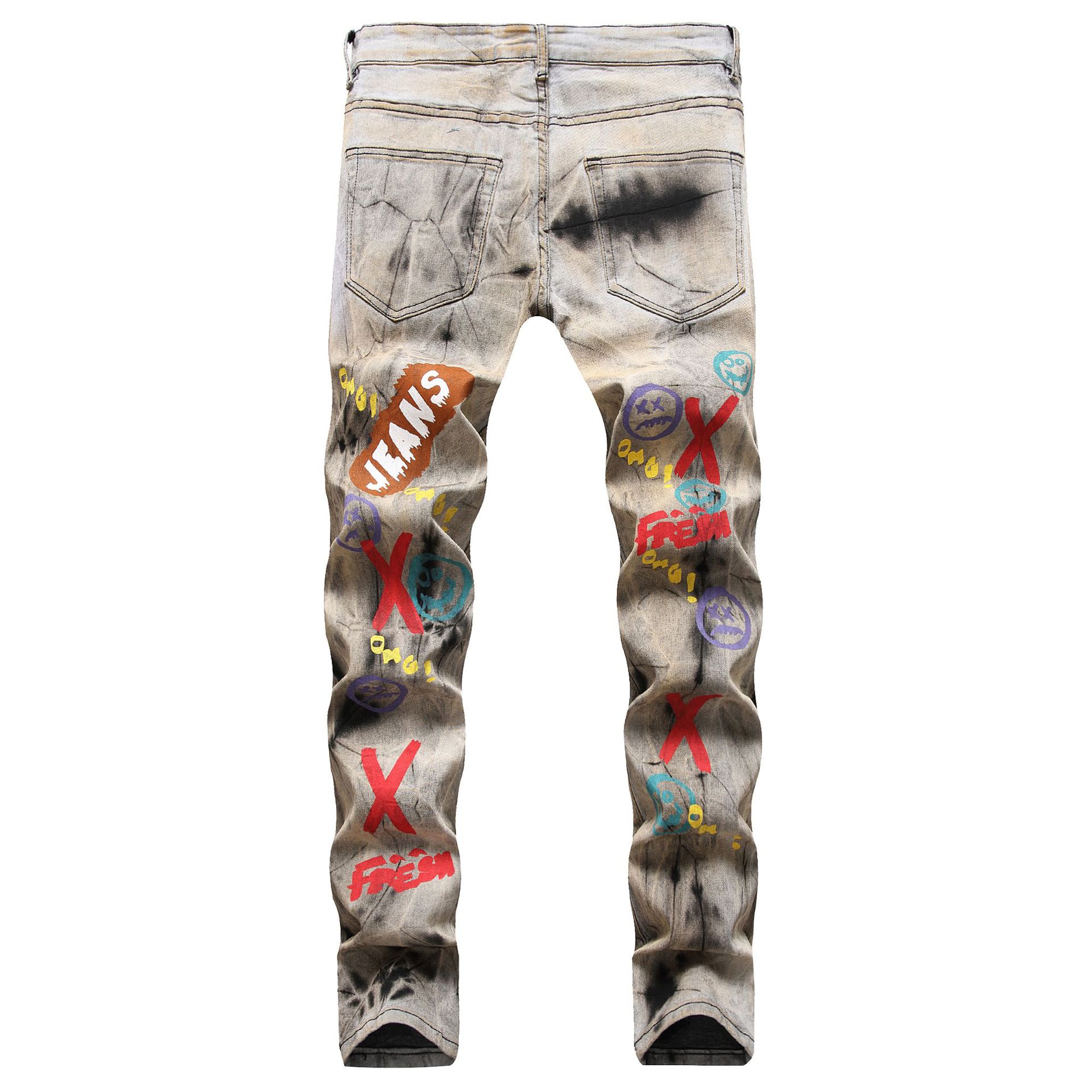 Men's Tie and Dye Letters 3D Printed Jeans Fashion Holes Ripped Stretch ...