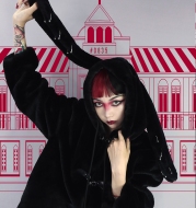 Virtual Track Original Shelter Series Niche Punk Style Dark Black Thick Plush Rabbit Ears Hooded Coat Cotton Jacket