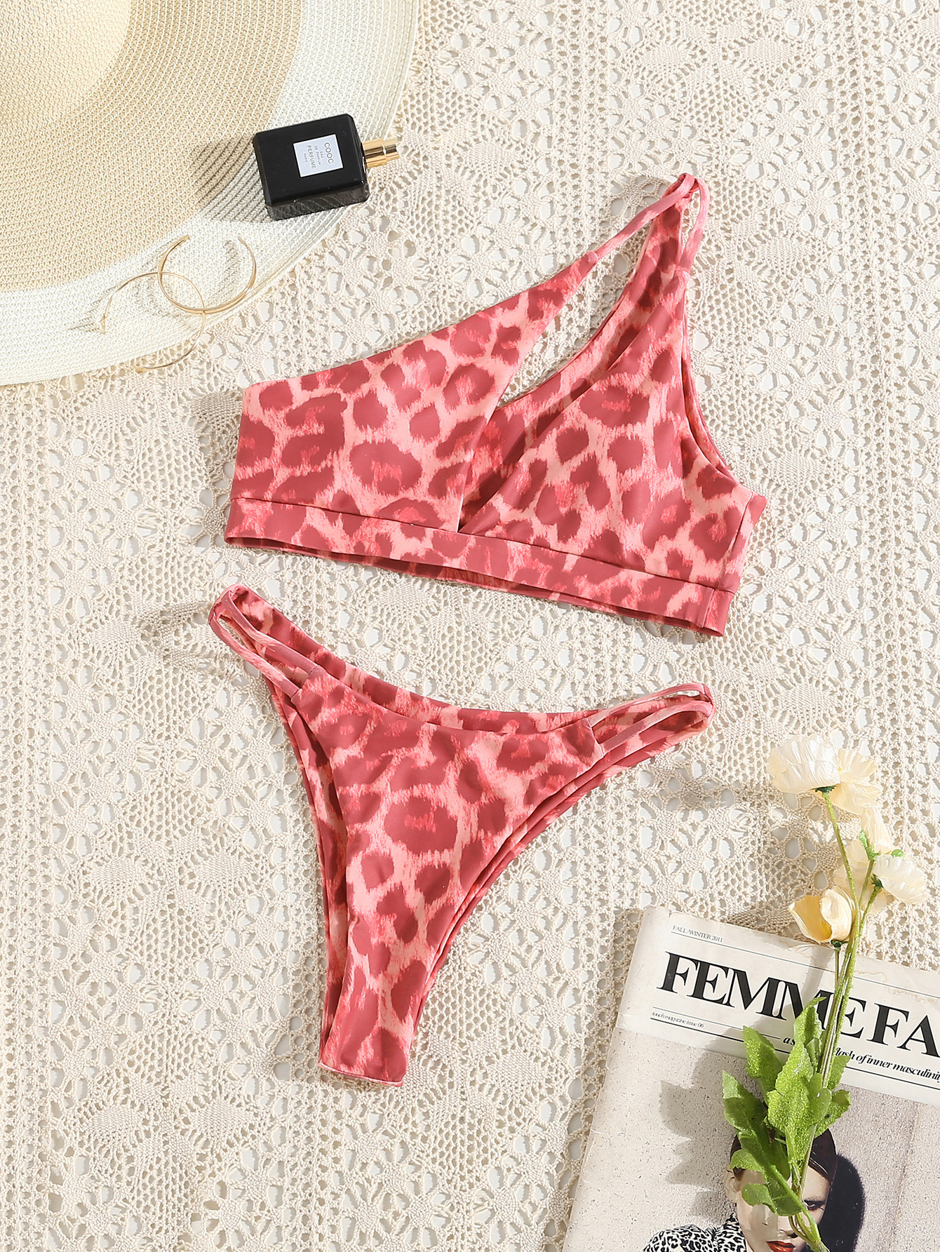 Two Piece Red Leopard Asymmetrical Top High Waisted Bikini Set