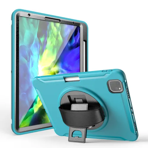 Color: Light Blue, style: IPad5 Air - Pen Slot Leather Hand Strap Rotating Bracket Silicone Flat Cover