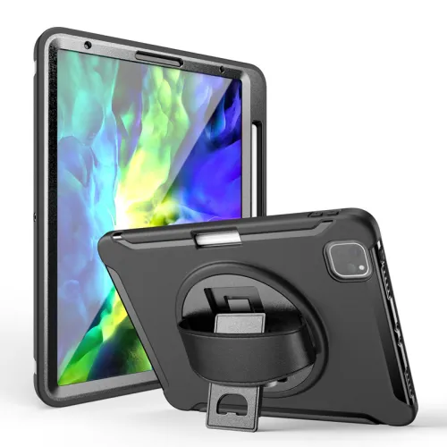 Color: Black, style: IPad6 Air2 - Pen Slot Leather Hand Strap Rotating Bracket Silicone Flat Cover