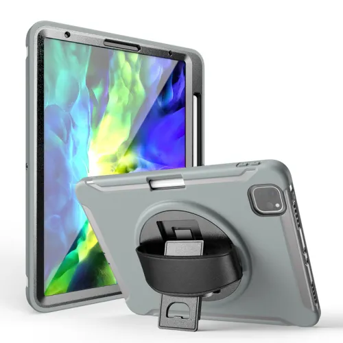 Color: Grey, style: IPad5 Air - Pen Slot Leather Hand Strap Rotating Bracket Silicone Flat Cover