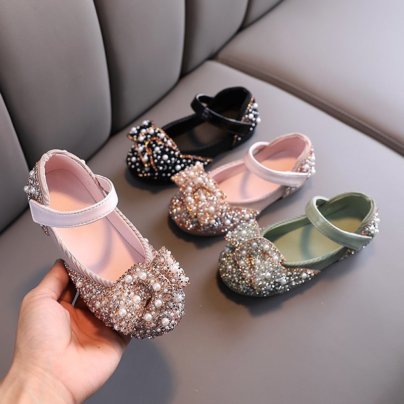 little girl toddler shoes for parties and birthday and wedding with gold pearl leather حذاء اطفال للحفلات