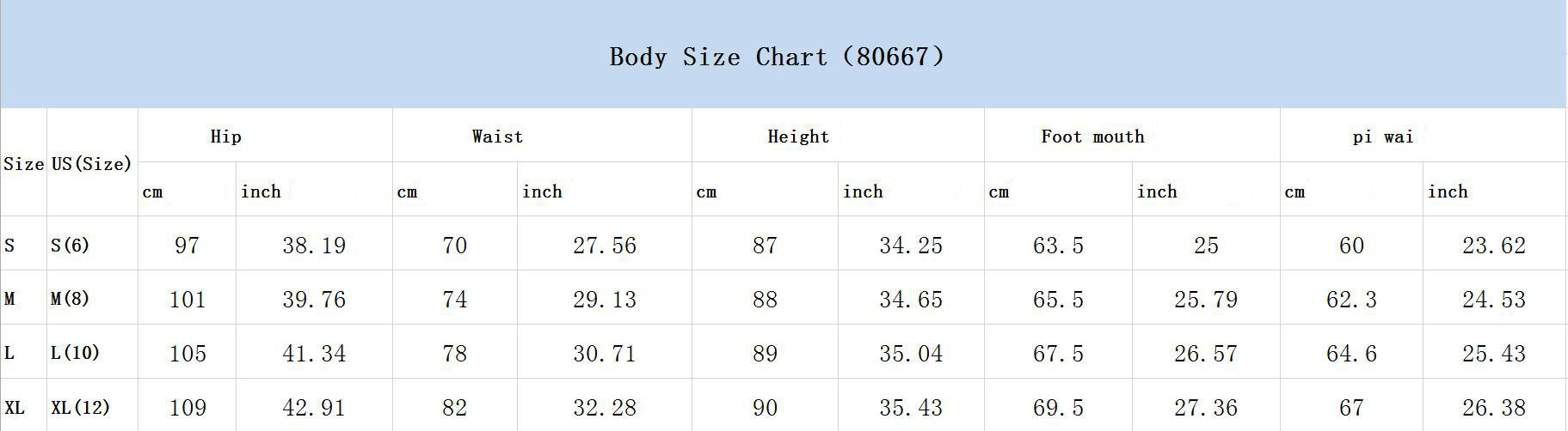 Mid-waist Wide Leg Pants size chart