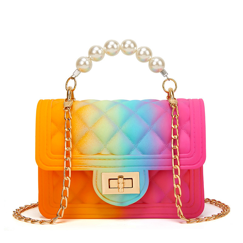 1618286950109 New Mini Female Bag Wholesale Rainbow Bag PVC Chain Jelly Bag Spray Color Gradient Pearl Handbag