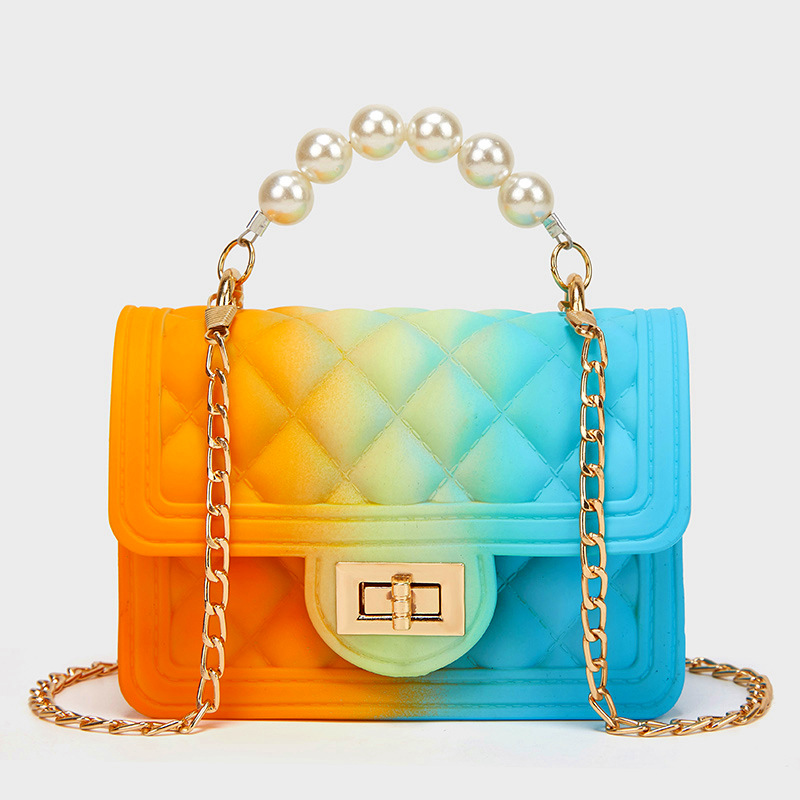 1618286950111 New Mini Female Bag Wholesale Rainbow Bag PVC Chain Jelly Bag Spray Color Gradient Pearl Handbag