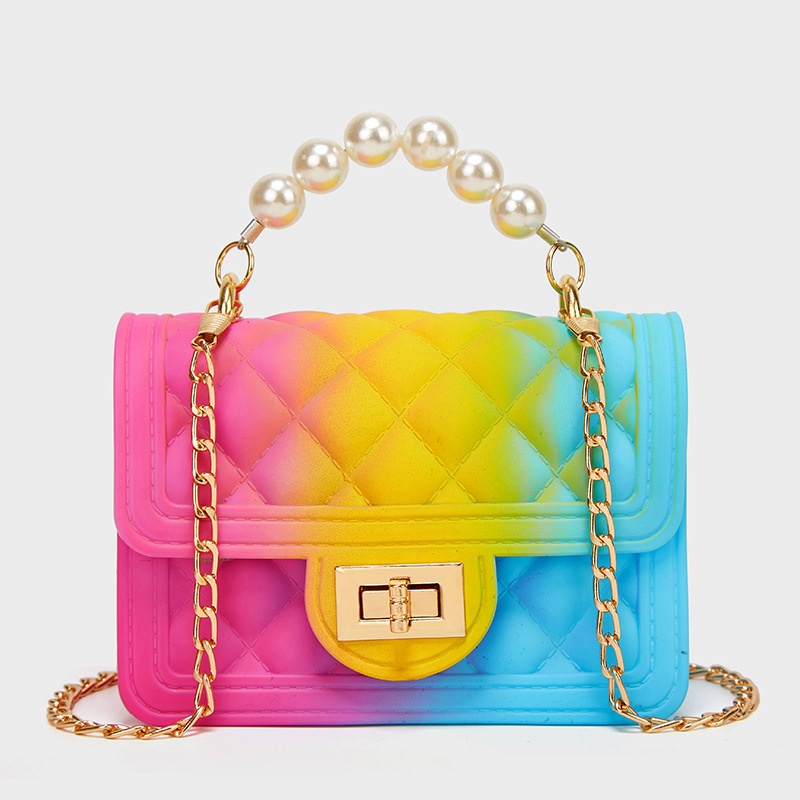 1618286950116 New Mini Female Bag Wholesale Rainbow Bag PVC Chain Jelly Bag Spray Color Gradient Pearl Handbag