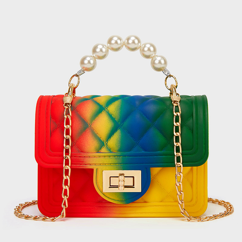 1618286950481 New Mini Female Bag Wholesale Rainbow Bag PVC Chain Jelly Bag Spray Color Gradient Pearl Handbag