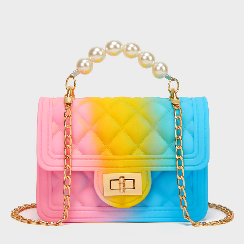 1618286950484 New Mini Female Bag Wholesale Rainbow Bag PVC Chain Jelly Bag Spray Color Gradient Pearl Handbag