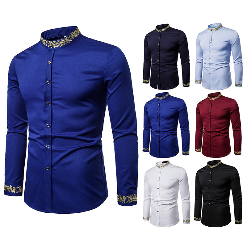 Gold Embroidery White Shirt Men Brand New Stand Collar Mens Dress ...