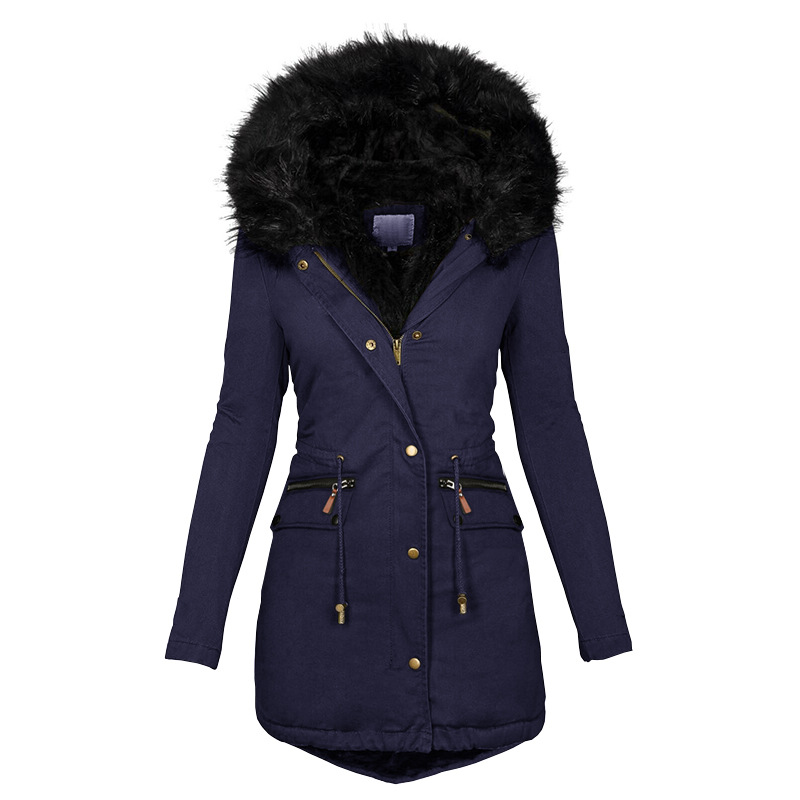 Women's Solid Colorfur Collar Hooded Mid-length Warm Cotton Coat