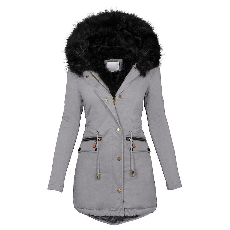 Women's Solid Colorfur Collar Hooded Mid-length Warm Cotton Coat