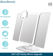 Trifold Makeup Mirror With Light 68 LED Vanity Mirrors 10X Magnifying 180Rotation