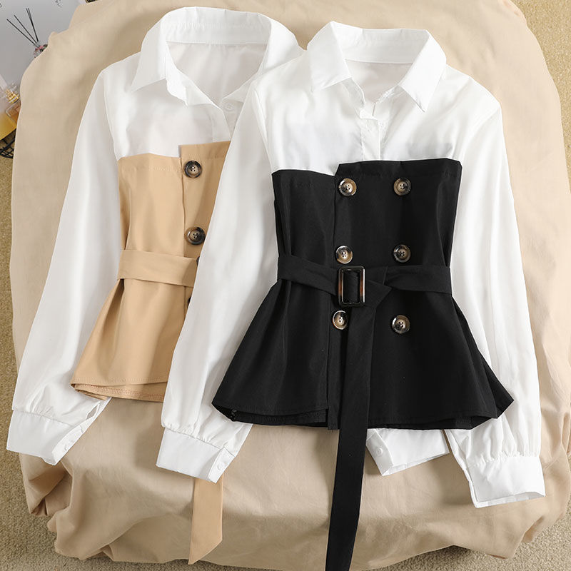1618798054855 Women's Blouse Korean Loose Spring Two-piece Blouse Stitching POLO Collar Western Style Bandage