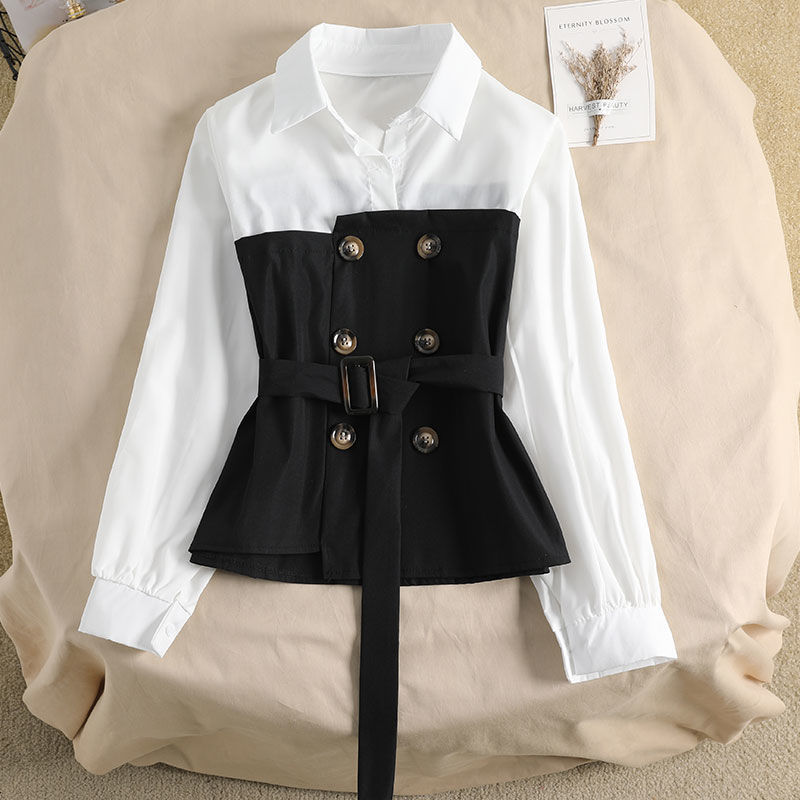 1618798054857 Women's Blouse Korean Loose Spring Two-piece Blouse Stitching POLO Collar Western Style Bandage