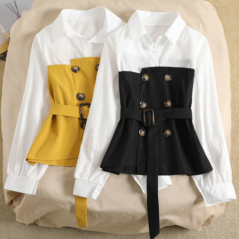 1618798054858 Women's Blouse Korean Loose Spring Two-piece Blouse Stitching POLO Collar Western Style Bandage