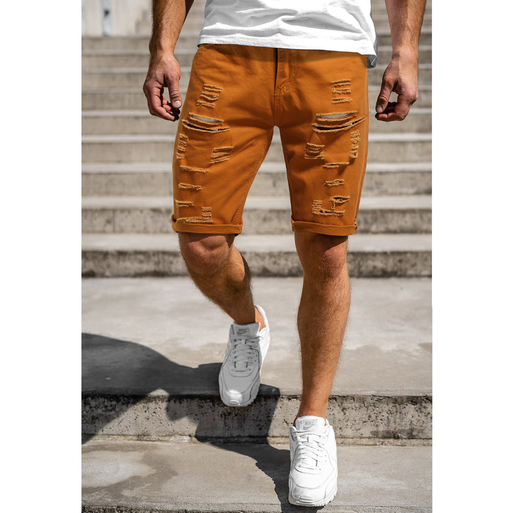 1618887549775 - Men's Casual Denim Shorts Ripped Solid Color Five Point Pants