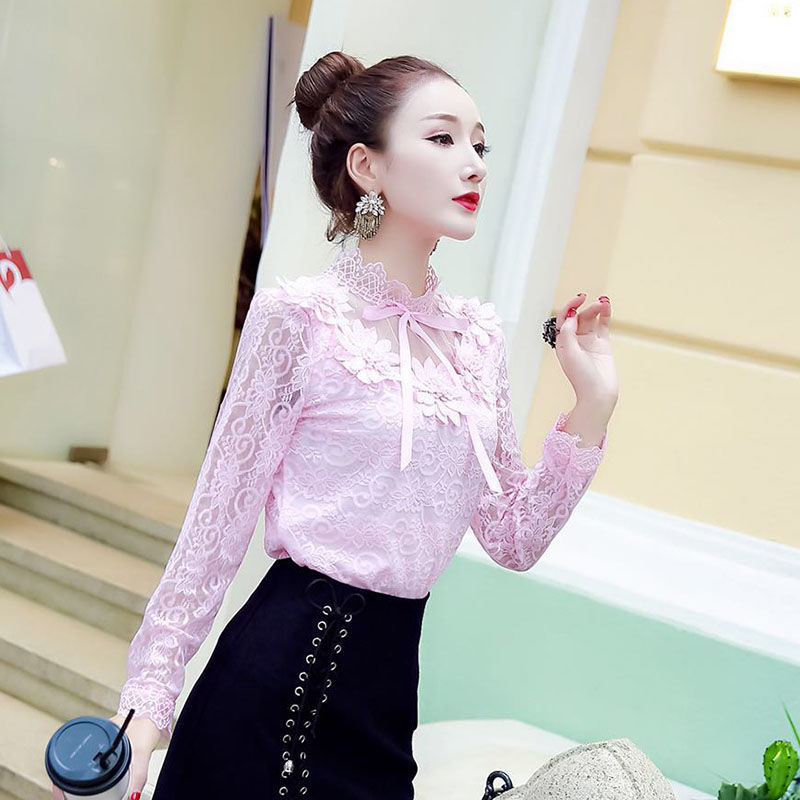 1619059163219 Women Shirts Lace Long Sleeve Blouse Bow Sweet Floral Hollow Lace Blouses Shirt Female Mesh Blusas Spring Women Tops X01F