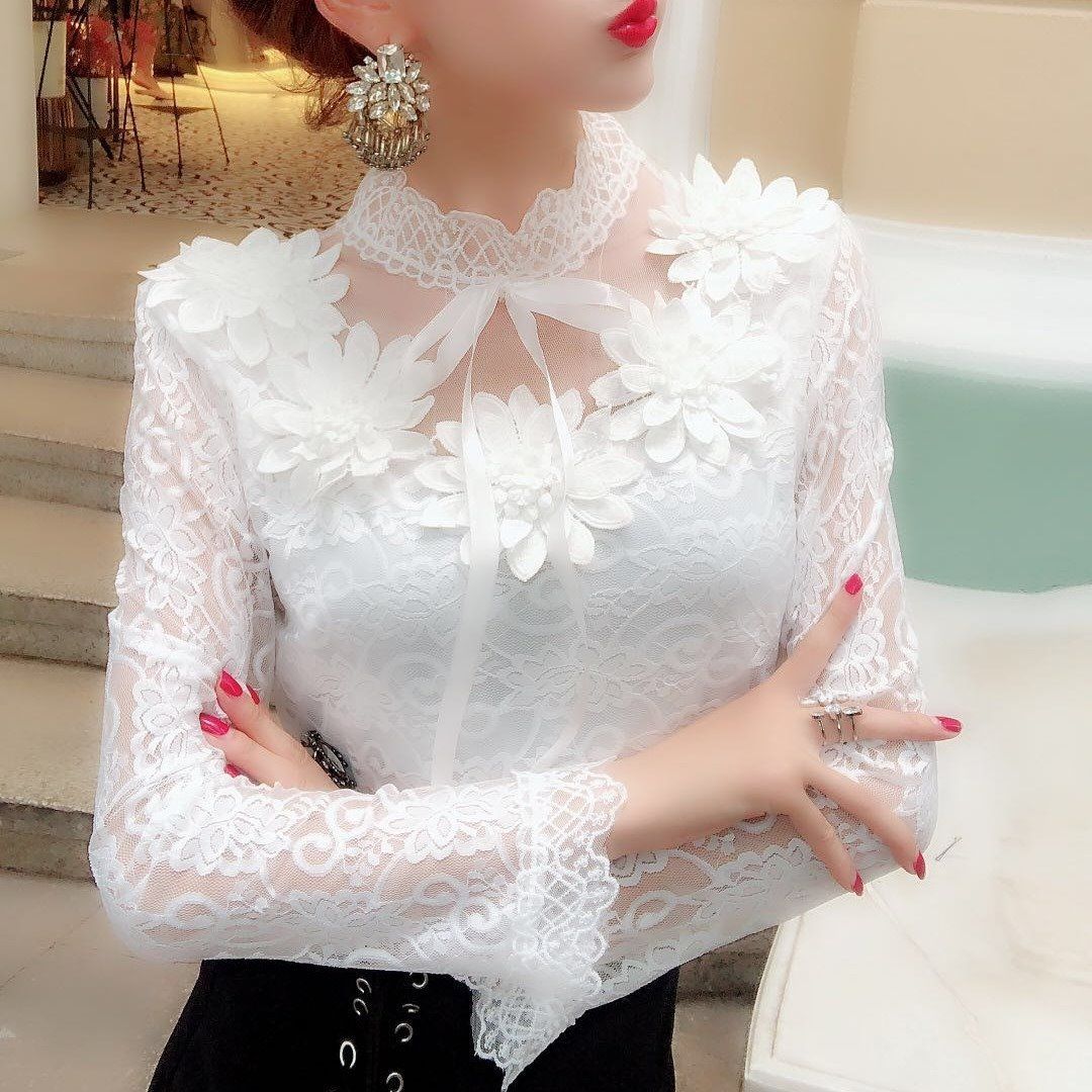 1619059163233 Women Shirts Lace Long Sleeve Blouse Bow Sweet Floral Hollow Lace Blouses Shirt Female Mesh Blusas Spring Women Tops X01F