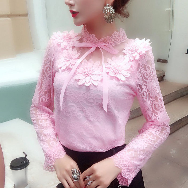 1619059163242 Women Shirts Lace Long Sleeve Blouse Bow Sweet Floral Hollow Lace Blouses Shirt Female Mesh Blusas Spring Women Tops X01F