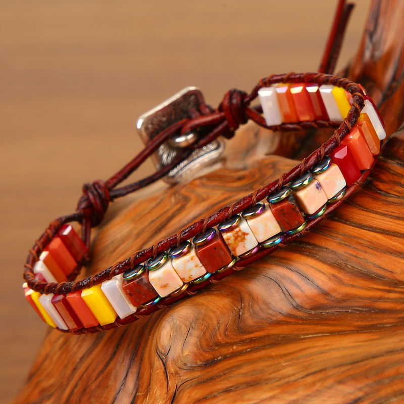 Charm Bracelets Handmade Chakra Bracelet Multicolor Natural Stone Tube  Beads Leather Bangle Charms Wristband Jewelry Gifts280D