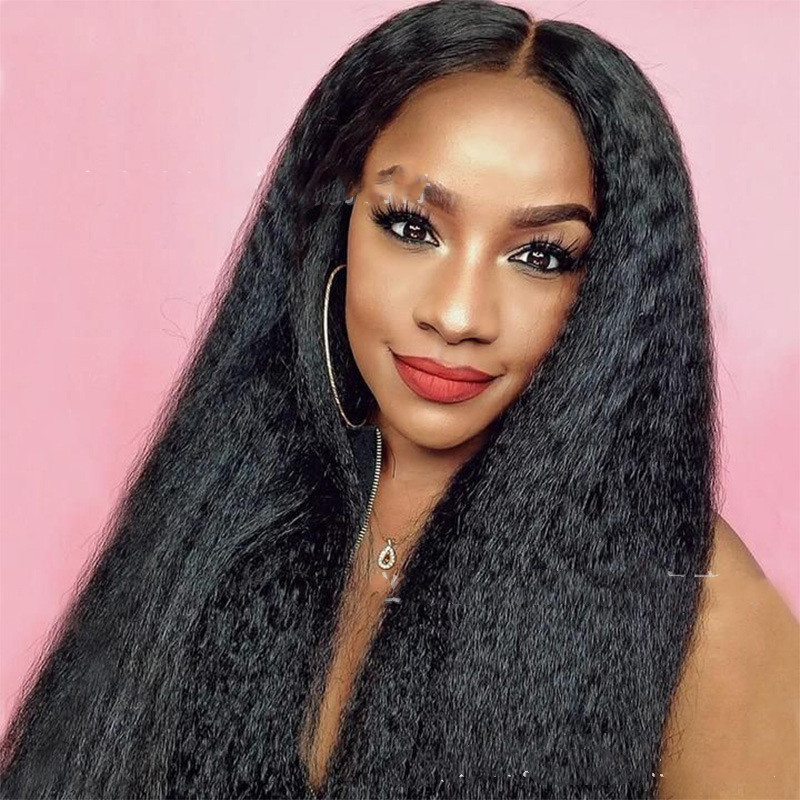 Synthetic Mid-Section Black Kinky Straight Wig