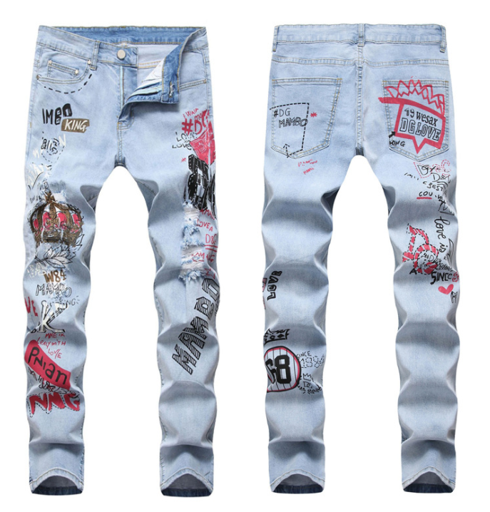 High Street Hip-Hop Ripped Print Stretch Jeans - CJdropshipping