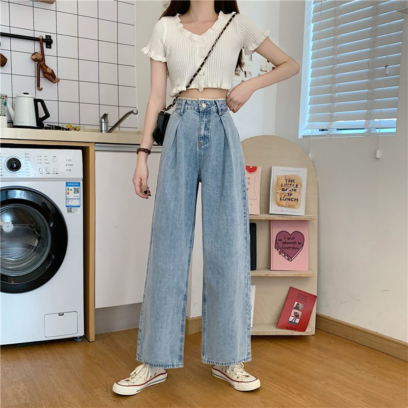 1619173679069 Korean Style Lace High Waist Jeans Women Loose Straight Wide Leg Pants Trousers