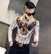 Men'S Tough Guy Style Slim Printed Long-Sleeved Shirt Fashion Korean Casual Printed Cardigan Men