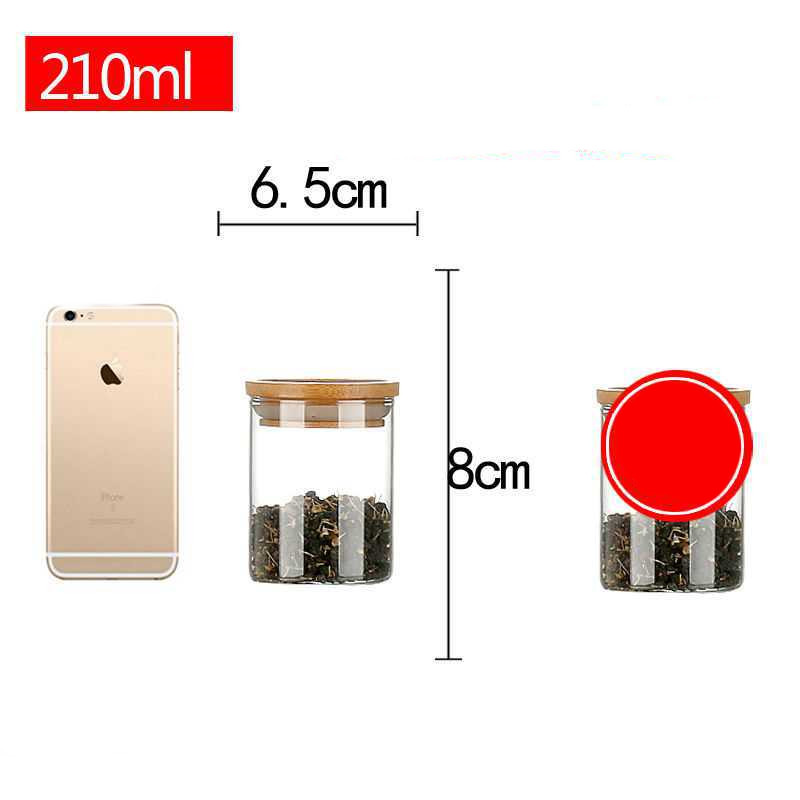 Capacity size: 210ml - Glass Storage Jar With Bamboo And Wood Cover Transparent Household Sealed Jar Tea, Dried Fruit, Medicinal Herbs, Pickle Storage Bottle