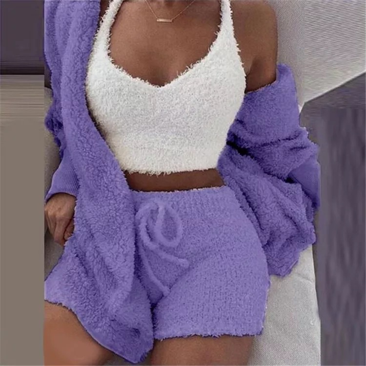 Women's Sexy Warm Fuzzy Fleece 3 Piece Outfits Pajamas, Cozy Knit