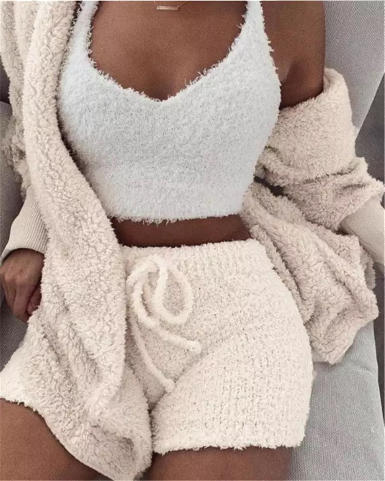 Women's Sexy Warm Fuzzy Fleece 3 Piece Outfits Pajamas, Cozy Knit Set - Picture 10 of 13