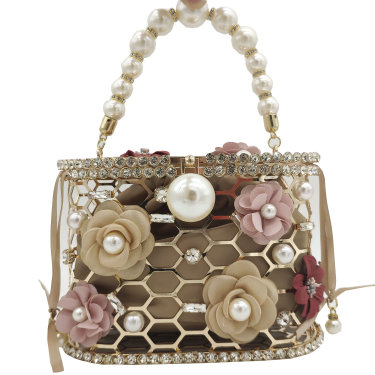 Pearl And Diamond Flower Handbag Drawstring Pork Cage Bag—1