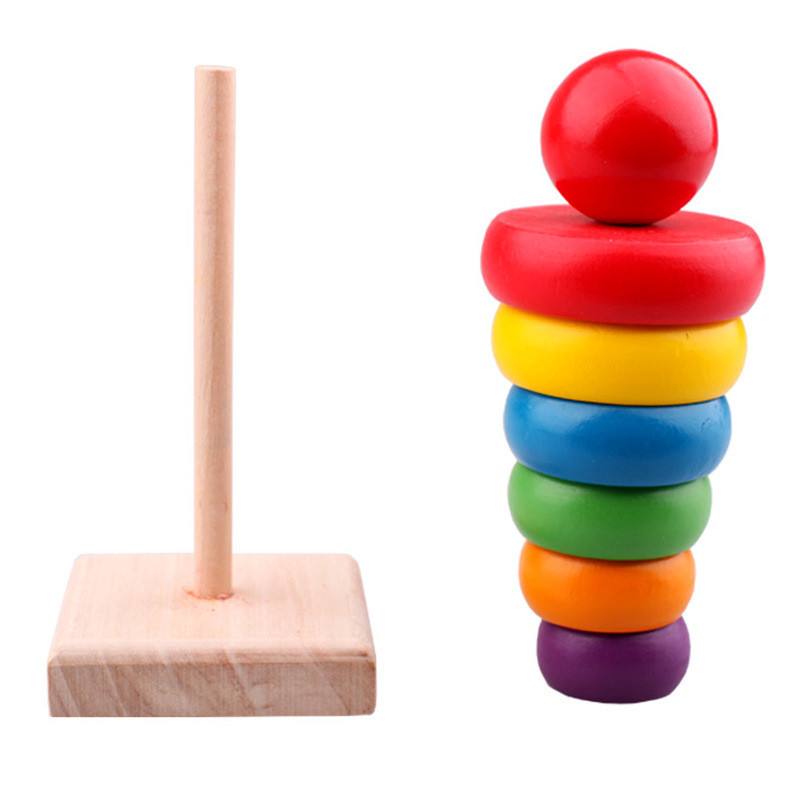 Rainbow Tower Ring Wooden Stacking Stack Up Kid Baby Educational Toy  lq 