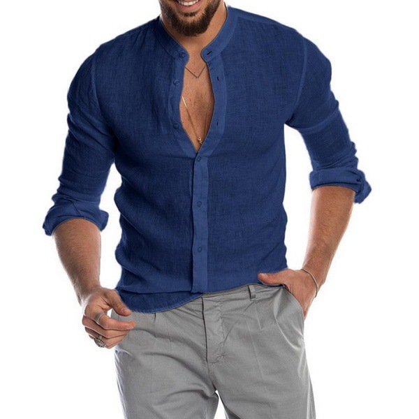 Men Stand Neck Button Up Linen Cardigan Shirt