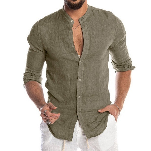 Men Stand Neck Button Up Linen Cardigan Shirt