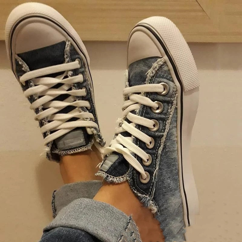 New Lace-Up Flat Canvas Shoes Women'S Washed Denim Women'S Shoes ...