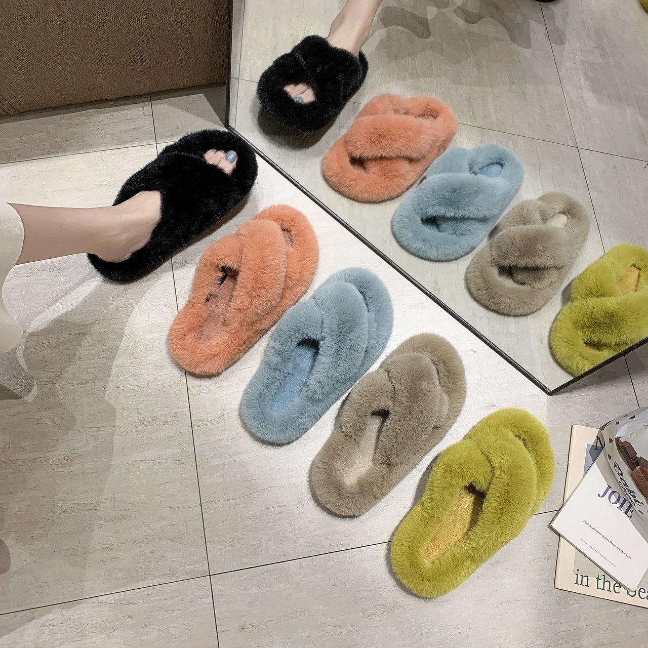 Furry Slippers Ladies Shoes Cute Plush Fox Hair Fluffy Sandals Indoor ...