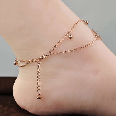 Sterling Silver Plated 18K Rose Gold Anklet Female Non-Fading Double-Layer Bells Girlfriend Foot Chain—6