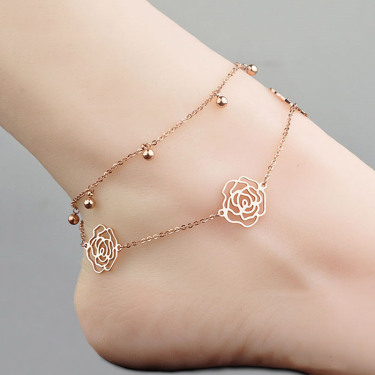 Sterling Silver Plated 18K Rose Gold Anklet Female Non-Fading Double-Layer Bells Girlfriend Foot Chain—5