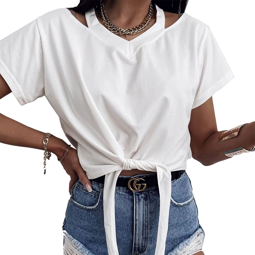 1621062905381 - Summer Lace Round Neck Waist Solid Color Short Top Short Sleeve T Shirt Women