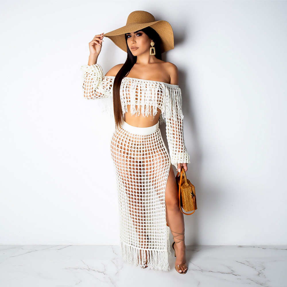 Color: White Suit, Size: S - Knitted cutout tassel blouse