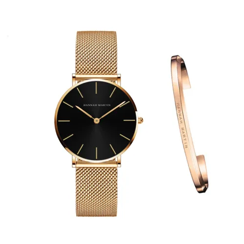 style: B Gold - Japan Quartz Movement High Quality 36mm hannah Martin Women Stainless Steel Mesh Rose Gold Waterproof Ladies Watch